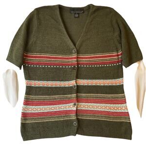 Isabella Rodriguez Women Sweater L Olive Short Sleeve Cardigan Striped Button